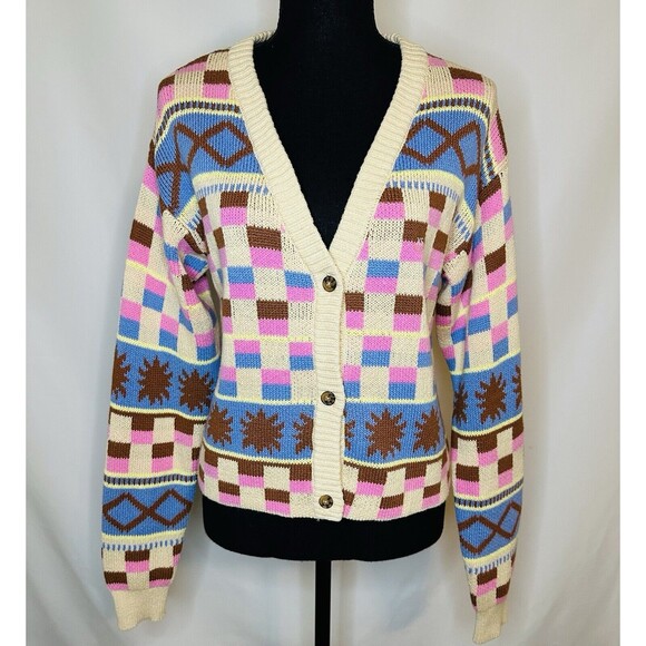 PacSun LA Hearts Multicolor‎ Colorblock Cozy Oversized Crop Cardigan Women's XS - Picture 2 of 12